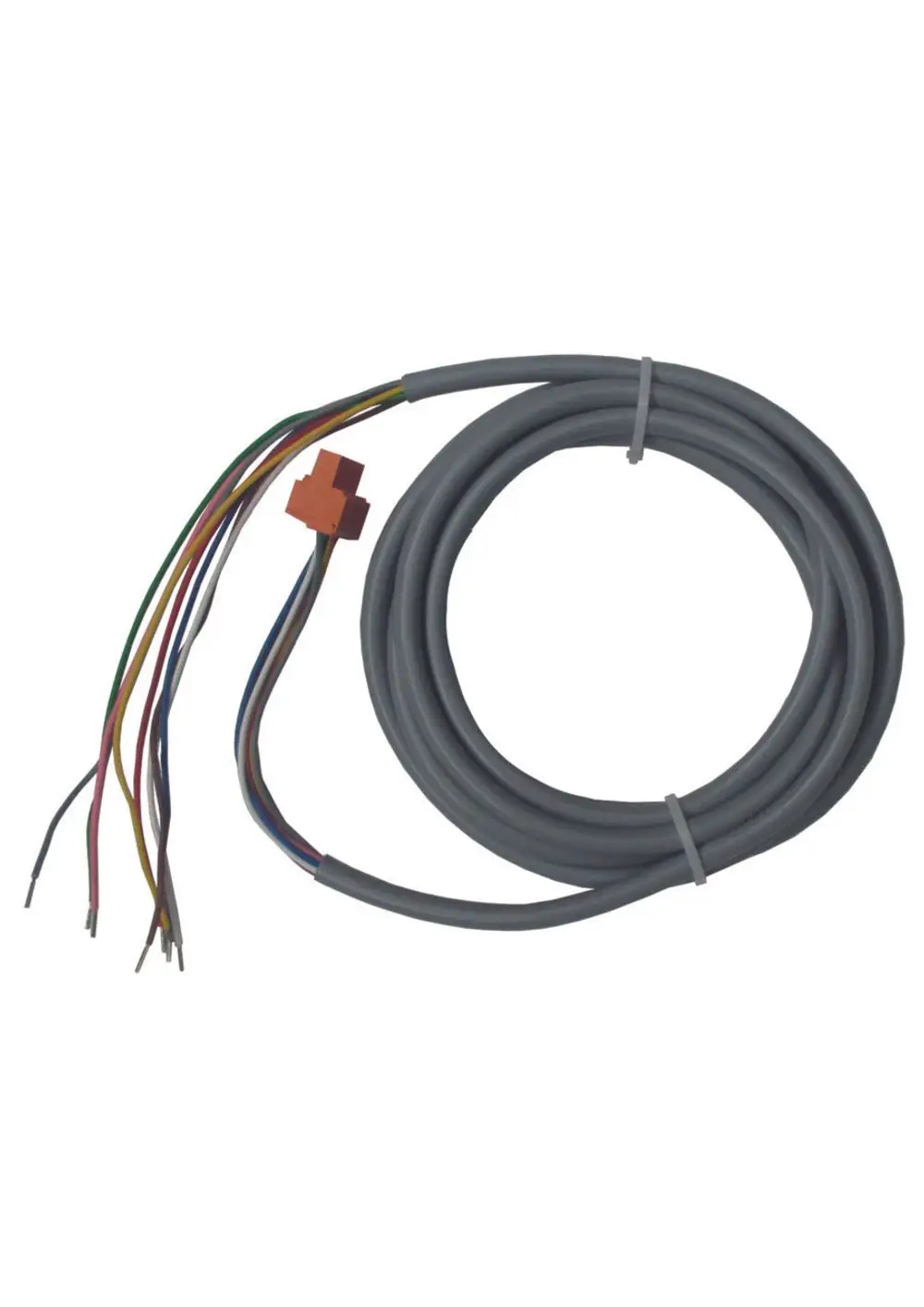 Graues Verbindungskabel mit mehreren farbigen Drähten und einem orangefarbenen Stecker, hergestellt von Judo, geeignet für externe I/O-Anwendungen.